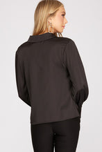 Black Long Cuff Sleeve Cowl Neck Satin Collared Top