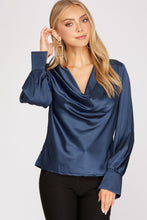Navy Blue Long Cuff Sleeve Cowl Neck Satin Collared Top