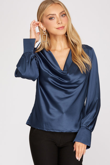 Navy Blue Long Cuff Sleeve Cowl Neck Satin Collared Top