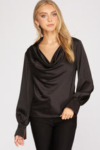 Black Long Cuff Sleeve Cowl Neck Satin Collared Top