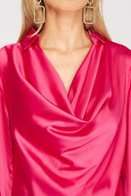 Fuchsia Long Cuff Sleeve Cowl Neck Satin Collared Top