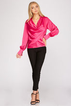 Fuchsia Long Cuff Sleeve Cowl Neck Satin Collared Top