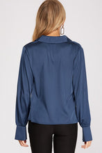 Navy Blue Long Cuff Sleeve Cowl Neck Satin Collared Top