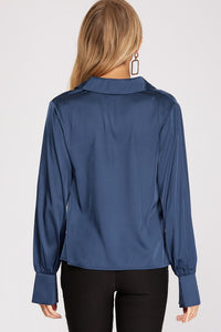 Navy Blue Long Cuff Sleeve Cowl Neck Satin Collared Top