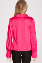 Fuchsia Long Cuff Sleeve Cowl Neck Satin Collared Top