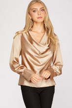 Champagne Long Cuff Sleeve Cowl Neck Satin Collared Top