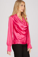 Fuchsia Long Cuff Sleeve Cowl Neck Satin Collared Top