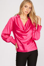 Fuchsia Long Cuff Sleeve Cowl Neck Satin Collared Top