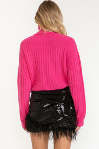 Hot Pink Cropped Turtle Neck Ribbed Sweater