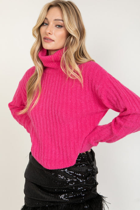 Hot Pink Cropped Turtle Neck Ribbed Sweater