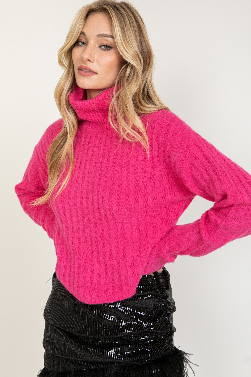 Hot Pink Cropped Turtle Neck Ribbed Sweater