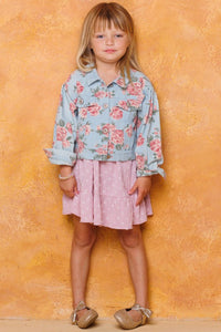 Washed Lt Denim Floral Printed Washed Denim Jacket