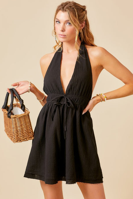 Black Halter Neck Gauze Mini Dress