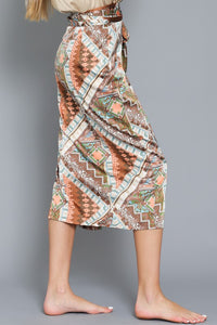 Brown/Multi High Waisted Midi Skirt