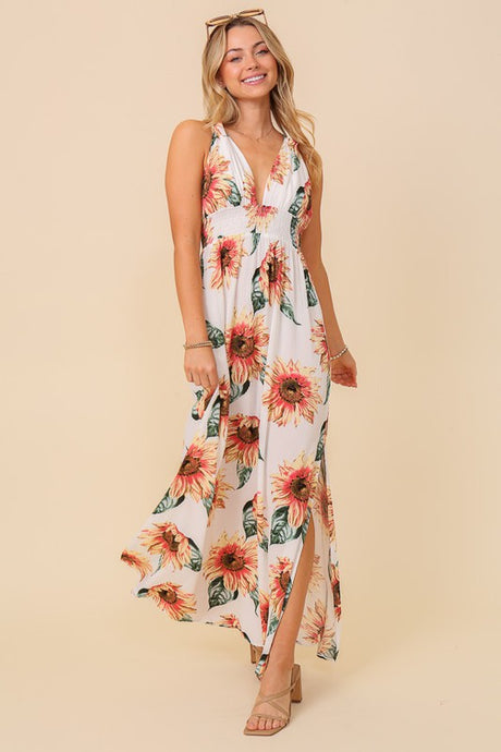 Ivory Sunflower Sleeveless Maxi Dress