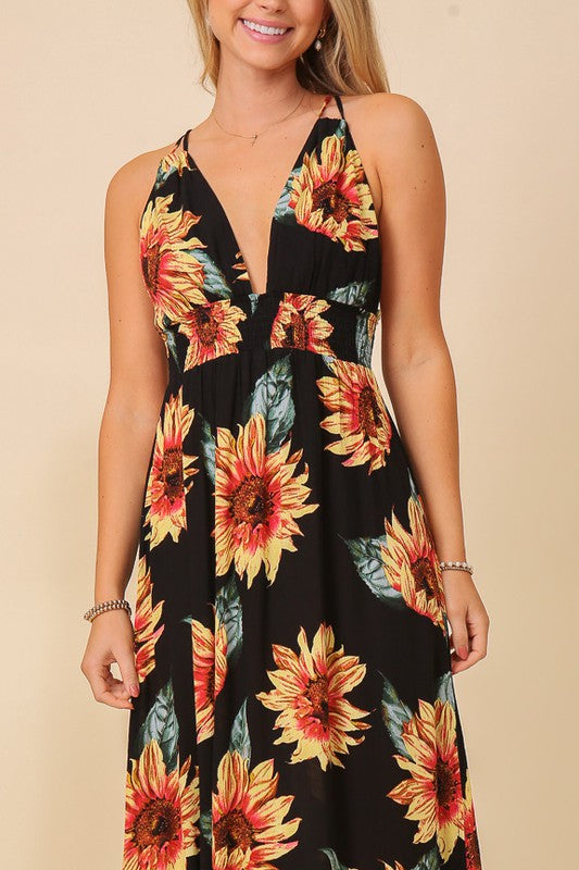 black sunflower maxi dress Sunflower | Dark LILY Print High-Neck Maxi Dress With Front-High Split