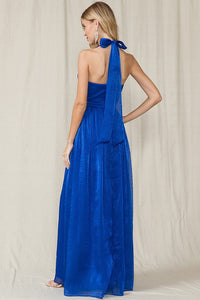 Royal Blue Halter Neck Flowy Glitter Matallic Fabric Slit Maxi Dress