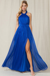 Royal Blue Halter Neck Flowy Glitter Matallic Fabric Slit Maxi Dress Aquarius Brand Royal Blue Halter Neck Flowy Glitter Matallic Fabric Slit Maxi Dress Aquarius Brand