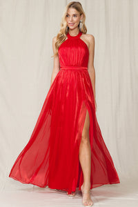 Red Halter Neck Flowy Glitter Matallic Fabric Slit Maxi Dress – Aquarius  Brand