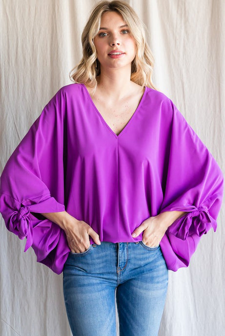 Purple Solid 3/4 Tie-up Dolman Sleeves Top