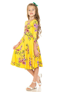 Mustard Floral Girls' Princess Seam A-Line Dress With Full Skirt