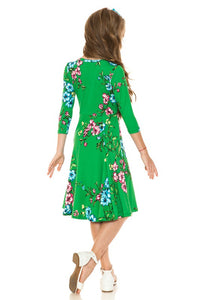 Green Floral Girls' Princess Seam A-Line Dress With Full Skirt