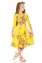 Mustard Floral Girls' Princess Seam A-Line Dress With Full Skirt