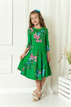Green Floral Girls' Princess Seam A-Line Dress With Full Skirt