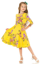 Mustard Floral Girls' Princess Seam A-Line Dress With Full Skirt