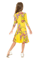 Mustard Floral Girls' Princess Seam A-Line Dress With Full Skirt