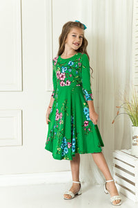 Green Floral Girls' Princess Seam A-Line Dress With Full Skirt