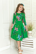 Green Floral Girls' Princess Seam A-Line Dress With Full Skirt