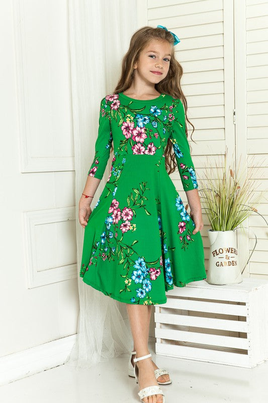 Green Floral Girls' Princess Seam A-Line Dress With Full Skirt Aquarius Brand Green Floral Girls' Princess Seam A-Line Dress With Full Skirt Aquarius Brand