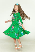 Green Floral Girls' Princess Seam A-Line Dress With Full Skirt