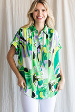Green Colorful Print Ruched Shoulder Top