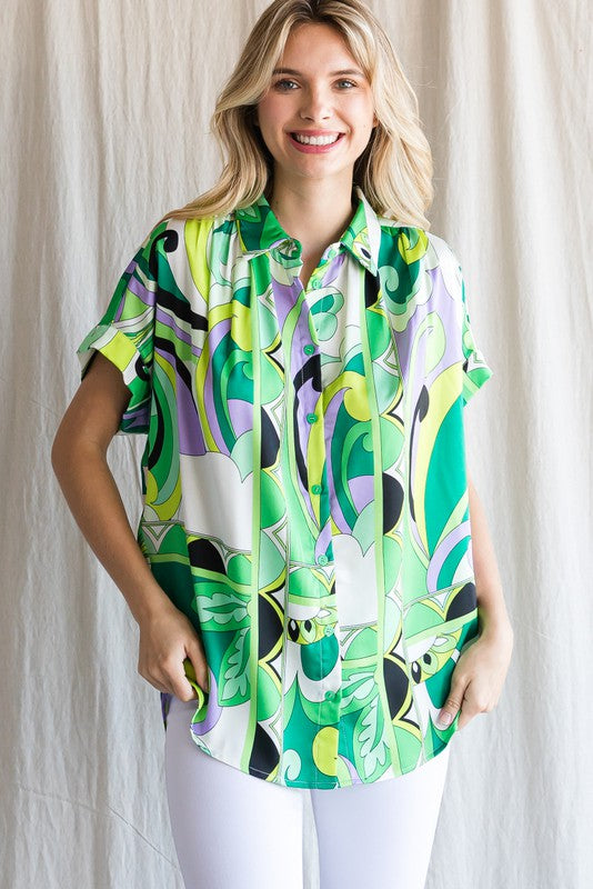 Green Colorful Print Ruched Shoulder Top