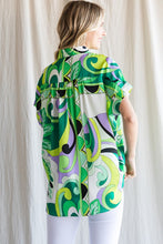 Green Colorful Print Ruched Shoulder Top