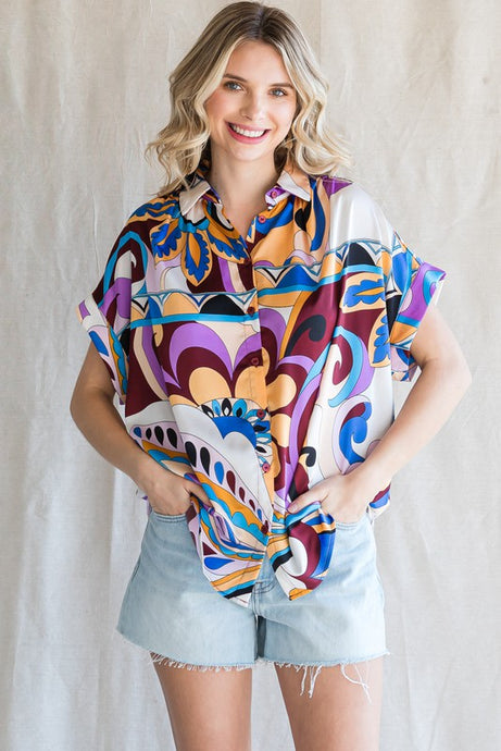 Plum Colorful Print Ruched Shoulder Top
