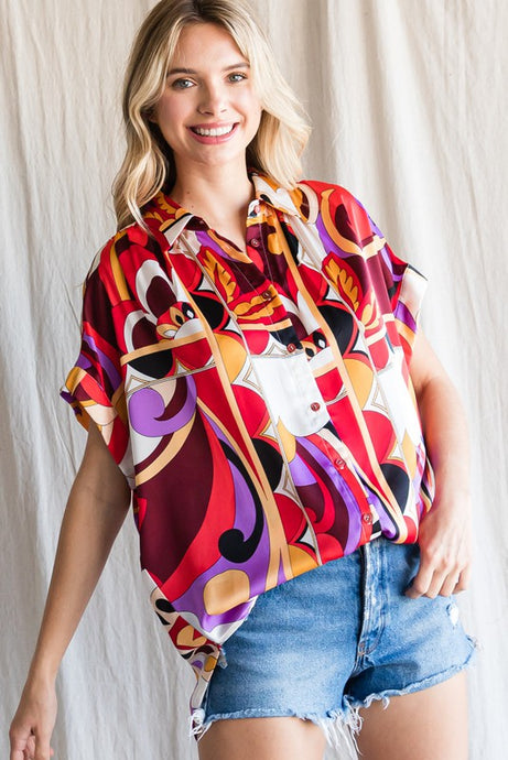 Red Colorful Print Ruched Shoulder Top