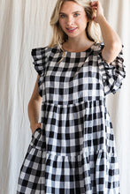 Black Gingham-Check Ruffled Shoulder Dress