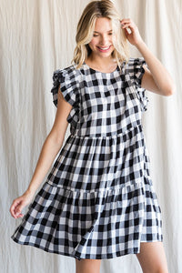 Black Gingham-Check Ruffled Shoulder Dress