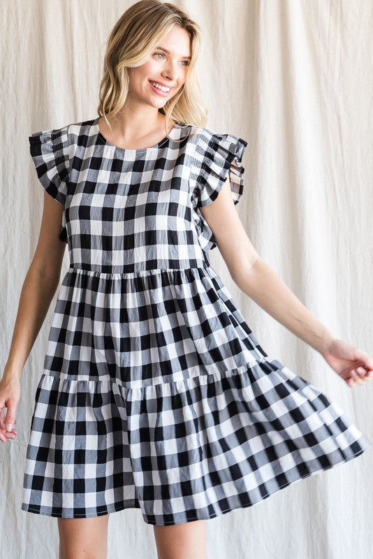 Black Gingham-Check Ruffled Shoulder Dress