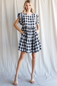 Black Gingham-Check Ruffled Shoulder Dress