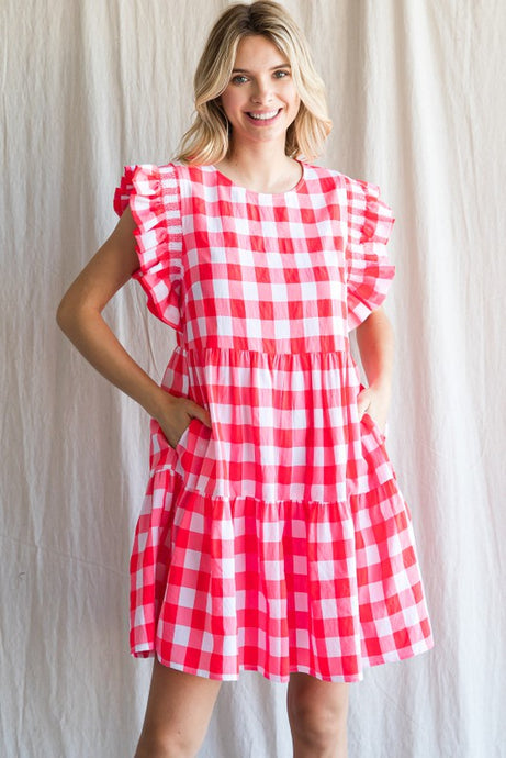Neon Coral Gingham-Check Ruffled Shoulder Dress