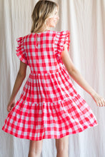 Neon Coral Gingham-Check Ruffled Shoulder Dress