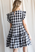 Black Gingham-Check Ruffled Shoulder Dress