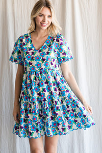 Blue Mix Flower Print Tiered Dress