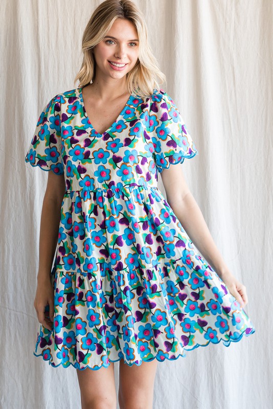 Blue Mix Flower Print Tiered Dress