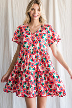 Coral Mix Flower Print Tiered Dress