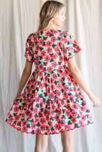Coral Mix Flower Print Tiered Dress